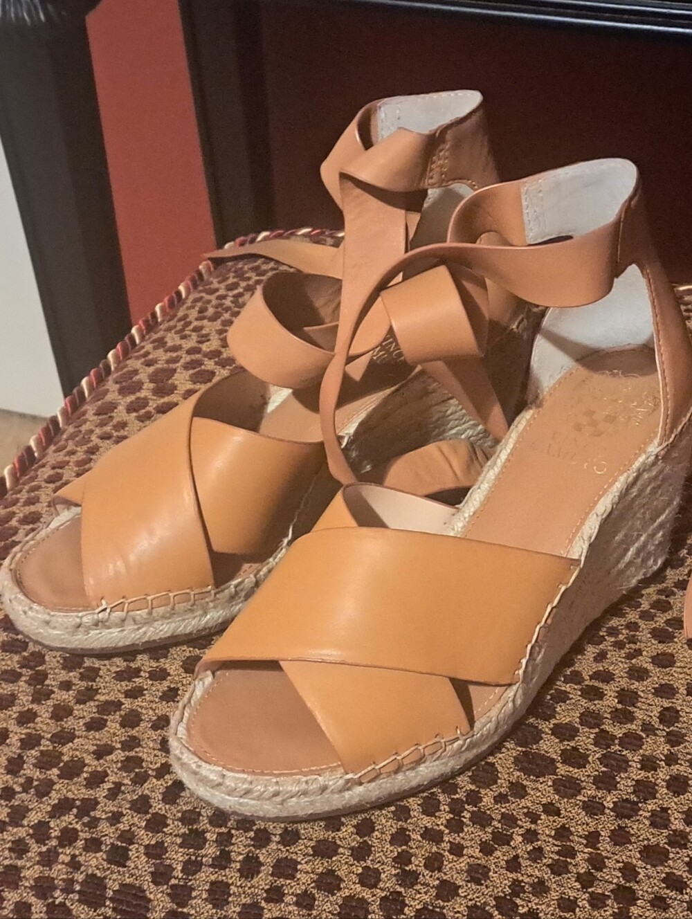 Vince Camuto Tan Leather Espadrille Wedge Sandals with Ankle Wrap
